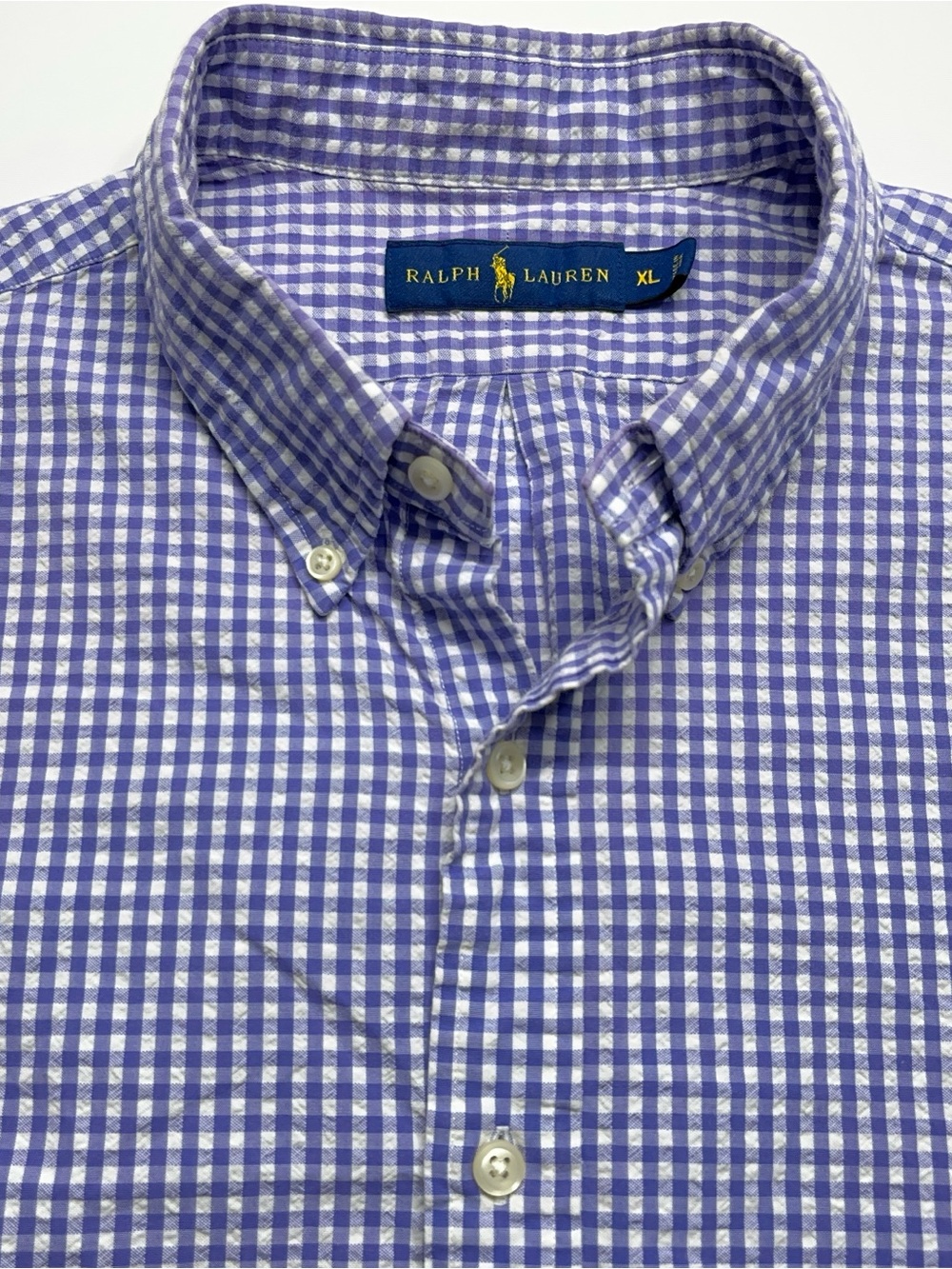 Polo Ralph Lauren Seersucker Button Down Shirt Mens XL Short Sleeve Purple Check